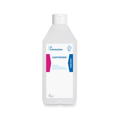 Avbildad är en vit 1-liters plastflaska Dr. Schumacher ASEPTODERM från Dr. Schumacher GmbH med blå och rosa accenter, lämplig för hygienisk handdesinfektion med ett pålitligt desinfektionsmedel.