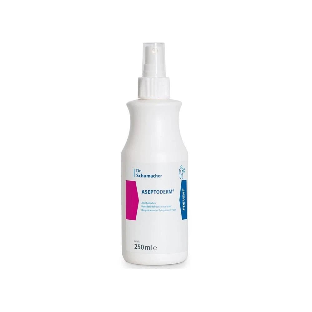 250 ml vit plastflaska med spray Dr. Schumacher ASEPTODERM från Dr. Schumacher GmbH med en etikett med rosa och blå accenter för hygienisk och kirurgisk handdesinfektion.