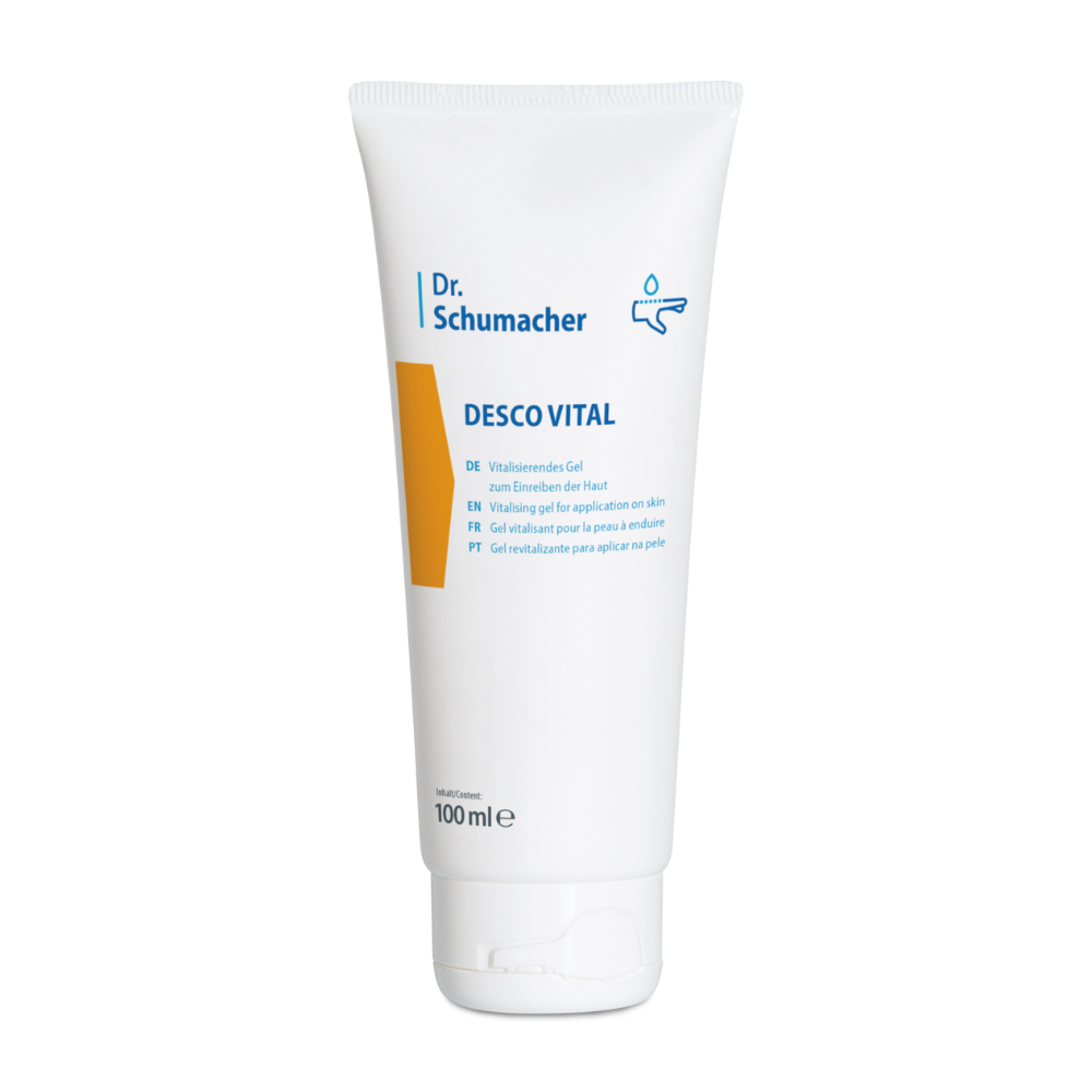 En vit 100 ml klämtub med texten "Dr. Schumacher Desco Vital Hydro Gel" från Dr. Schumacher GmbH. På tuben finns en flerspråkig text som anger att det är ett revitaliserande hydrogel för användning på huden. Designen inkluderar en gul-orange accent och en enkel droppesymbol, vilket gör det idealiskt för sportmassage.