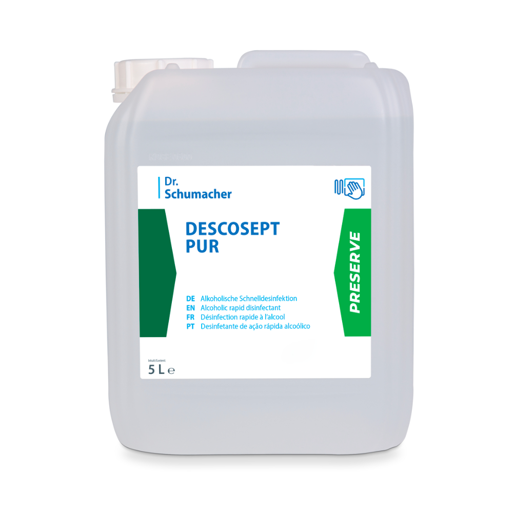 En 5L genomskinlig plastbehållare från Dr. Schumacher DESCOSEPT PUR, snabbdesinfektion från Dr. Schumacher GmbH, med flerspråkig instruktion och en grön "PRESERVE" remsa på höger sida. Perfekt för snabbdesinfektion av medicinsk utrustning.
