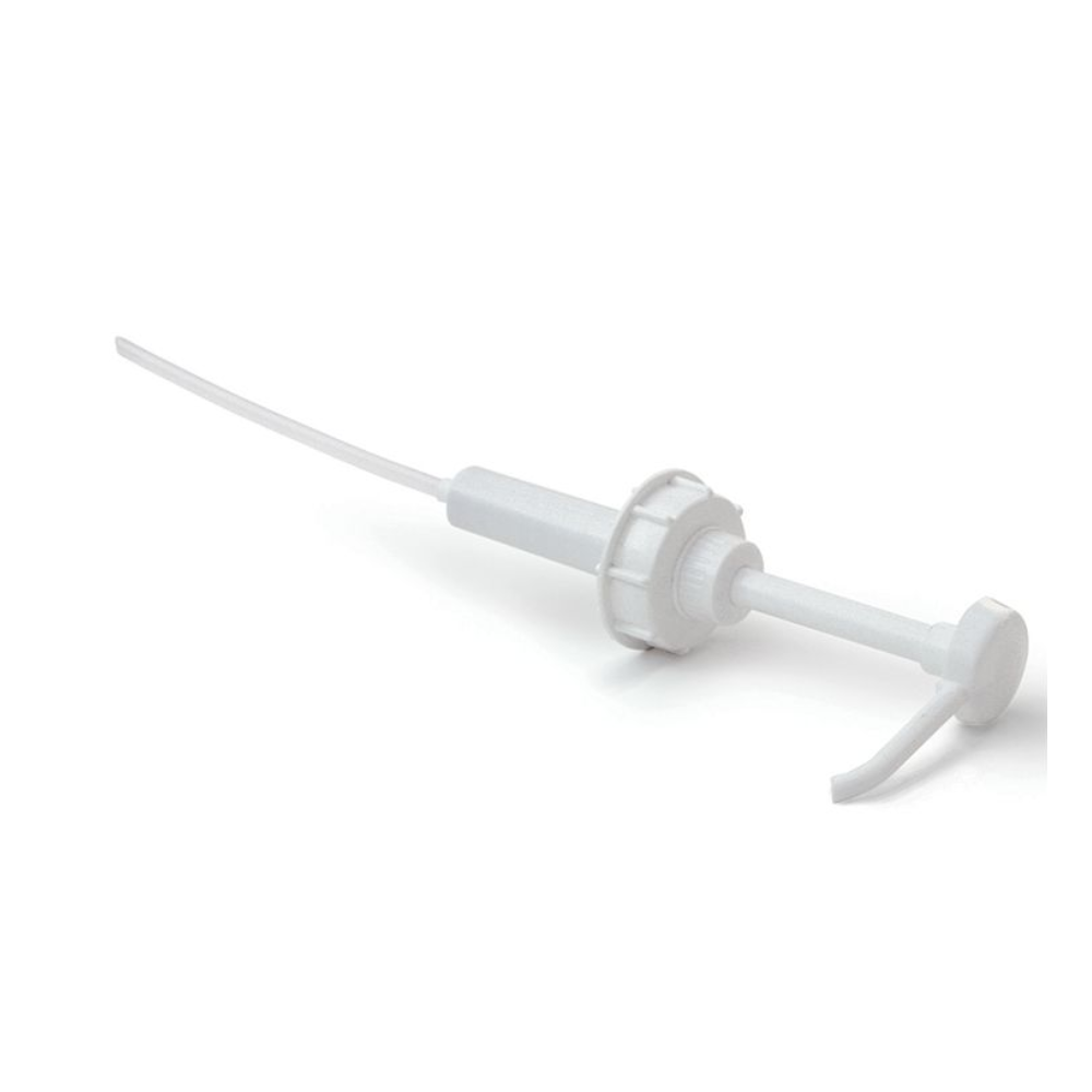 Dr. Schumachers kannisterdoseringspump är en vit plastpump med lång pip och skruvlock, som är speciellt utvecklad för att dosera 30 ml vätskor från 2-, 5- eller 10-liters behållare och är därför idealisk för desinfektionsprodukter.