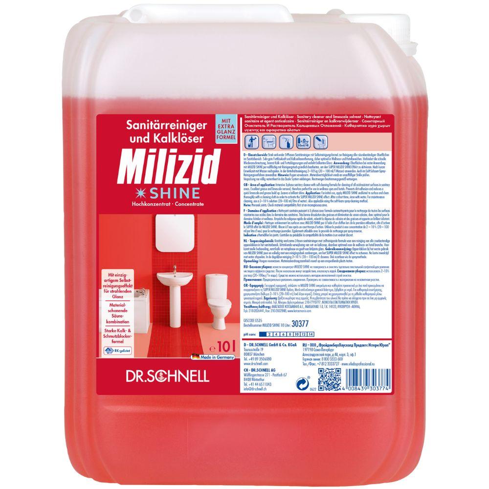 En 10-litersbehållare Dr. Schnell MILIZID SHINE sanitetsrengöringsmedel och kalklösare från DR.SCHNELL GmbH & Co. KGaA, med tysk text och bilder av ett handfat och en toalett på etiketten.