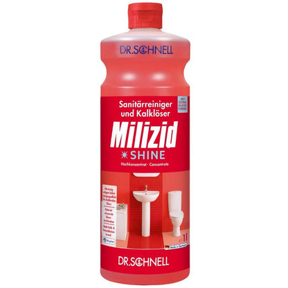 En röd 1-litersflaska Dr. Schnell MILIZID SHINE sanitetsrengöringsmedel och kalklösare från DR.SCHNELL GmbH & Co. KGaA, ett miljövänligt badrumsrengöringsmedel med tysk text och bilder av ett handfat och en toalett på etiketten.