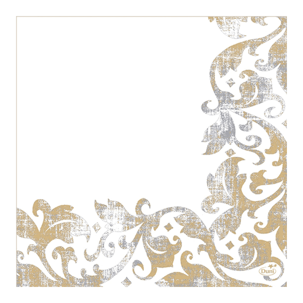 Ett guld- och silverfärgat blommönster pryder elegant den nedre högra sidan av Duni GmbH Festiva White Dunisoft®-servetten, 40 x 40 cm. Det detaljerade blad- och virveldesignen förhöjer det tomma utrymmet, medan en diskret logotyp understryker dess närvaro. Förpackningen innehåller 60 servetter.