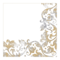 Ett guld- och silverfärgat blommönster pryder elegant den nedre högra sidan av Duni GmbH Festiva White Dunisoft®-servetten, 40 x 40 cm. Det detaljerade blad- och virveldesignen förhöjer det tomma utrymmet, medan en diskret logotyp understryker dess närvaro. Förpackningen innehåller 60 servetter.
