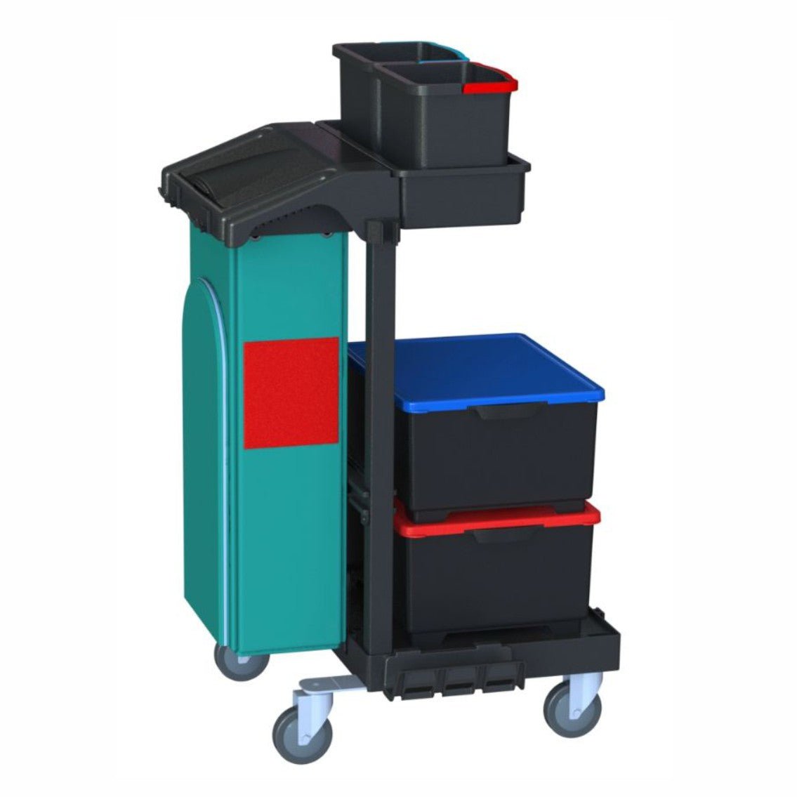Arcora Ecoblack 120 städvagn från Arcora International GmbH har fyra hjul, en grön sidobehållare, en svart hylla och två svarta behållare med rött och blått lock för en organiserad städning. Storlek: 730 x 600 x 1140 mm.