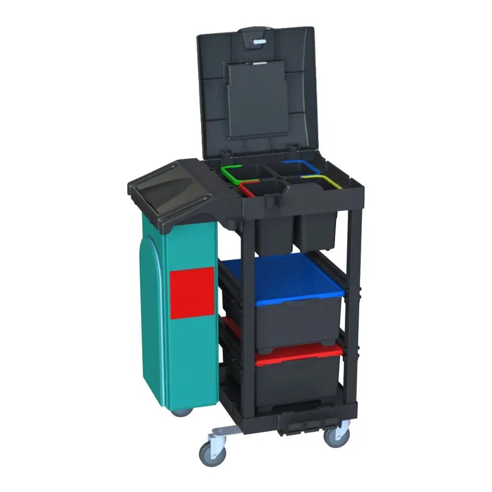 Arcora Ecoblack 140 från Arcora International GmbH är en svart och blågrön rullvagn (740 x 600 x 1100 mm) med behållare, brickor, en sidomonterad avfallsbehållare och ett öppet, delat tak - perfekt för rengöringsmedel eller miljövänlig kartong.