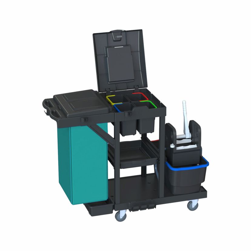 Der Arcora Ecoblack 450 1410 x 680 x 1220 mm von Arcora International GmbH hat einen grünen Abfalleimer, einen stabilen schwarzen Rahmen, farblich gekennzeichnete Fächer, zwei Einlegeböden und einen abnehmbaren Eimer auf Rädern mit Wischmopp. Wird in einem Stück im Karton geliefert.