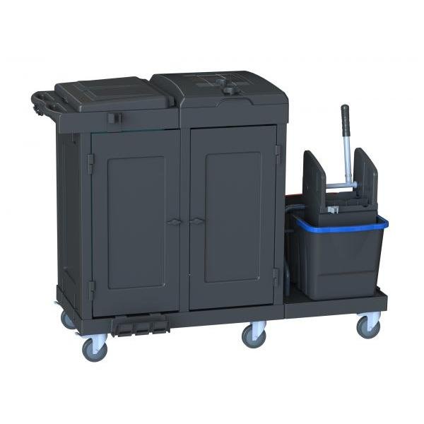 Rengöringsvagnen Arcora Ecoblack 750 från Arcora International GmbH (1410 x 680 x 1100 mm, kartong 1 styck) har två fack, en mopp-hink med urvridningsanordning, fyra styrhjul och ett handtag - idealisk för transport av fraktförpackningsmaterial.