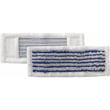 Två rektangulära Arcora HOSPITAL HYGIENE PLUS MOPP 40 cm inlägg från Arcora International GmbH: en har en blå-grå randig mikrofiberyta med vit kant, den andra visar på baksidan den enfärgade grå nätstrukturen.