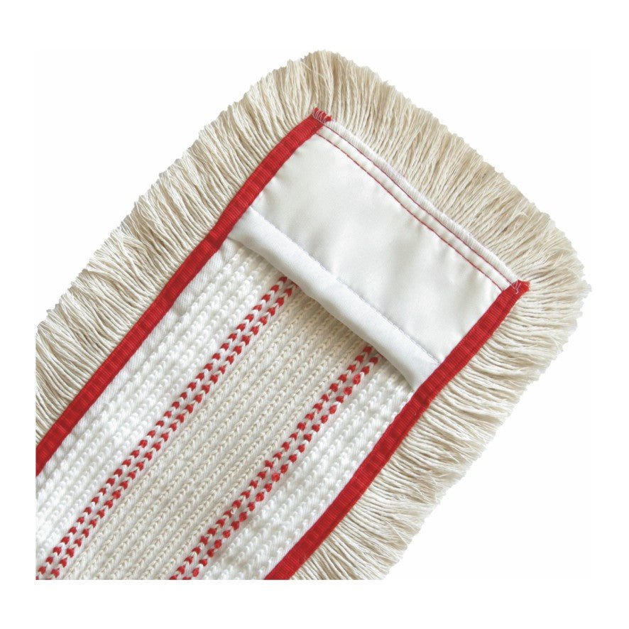 En närbild av den rektangulära Arcora QUATTRO MOPP från Arcora International GmbH med beige fransar och röd kant för en effektiv golvrengöring.