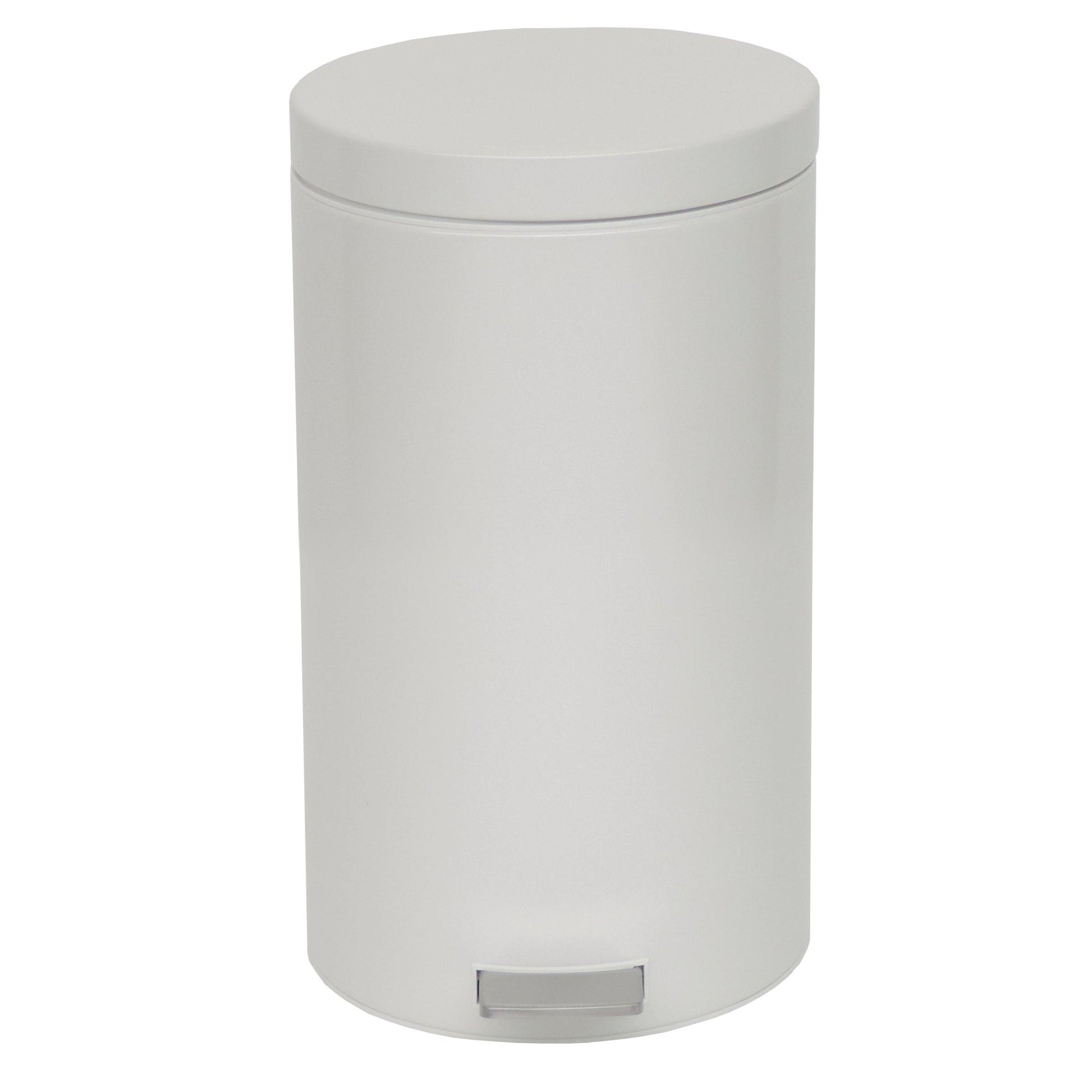 Der Novocal Tretabfalleimer (1 Stück) ist ein runder, weißer Tretabfalleimer mit geschlossenem Stahldeckel und Fußpedal aus lackiertem Stahlblech, abgebildet auf weißem Hintergrund.