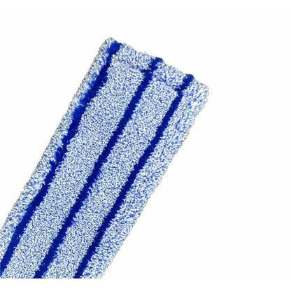 En närbild av Arcora Flachpressmopp Runner Blue 2.0 från Arcora International GmbH visar special-polyesterkudden med parallella blå ränder på vit bakgrund, designad för professionell rengöring. Kartongen innehåller 75 stycken med omslag och väska.