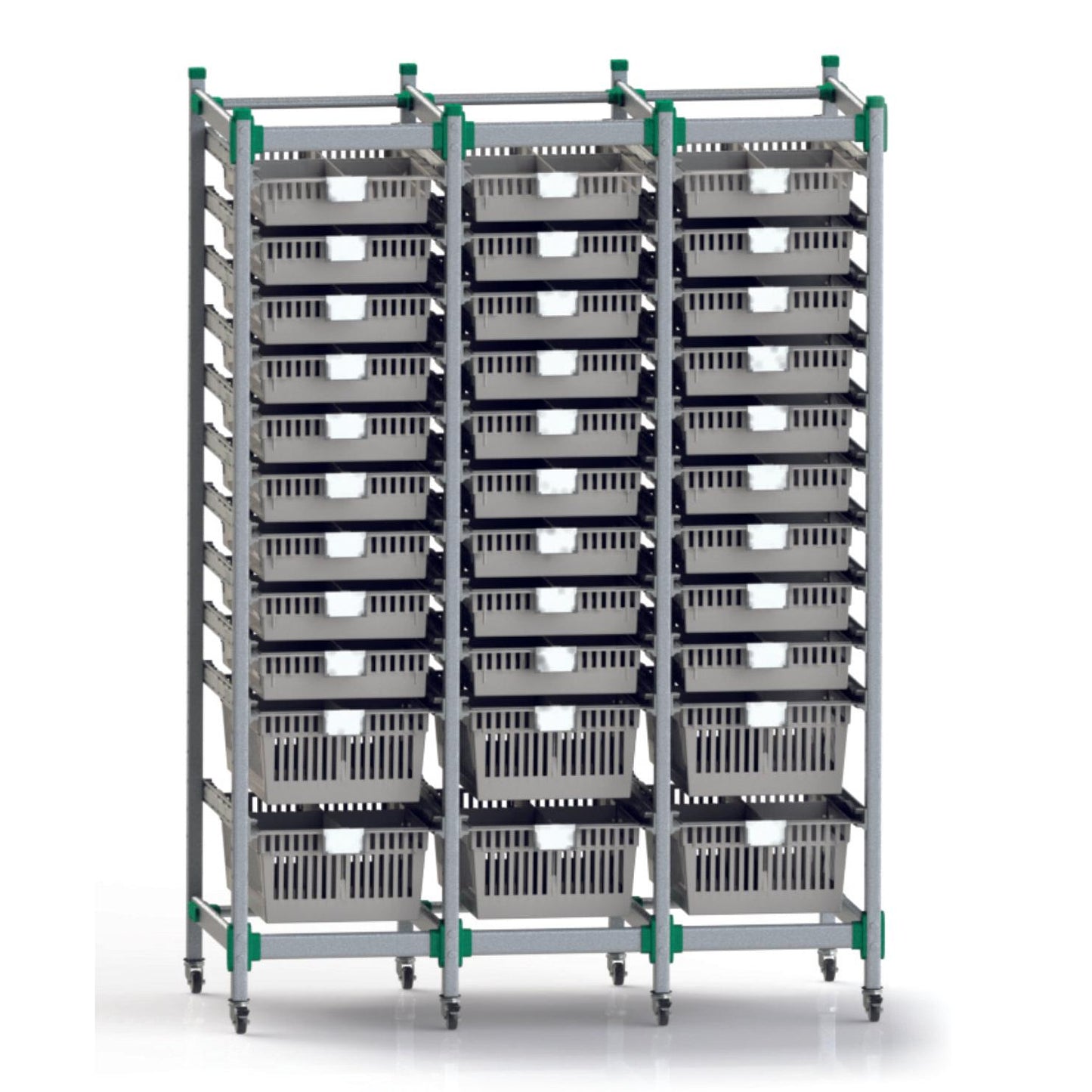 Das Novocal FlexiStore Regalwagensystem aus eloxiertem Aluminium verfügt über ein Grundgestell mit belüfteten Fachböden und Rädern für flexible Lagerung und Transport - ideal für ein vielseitiges Regalwagensystem.