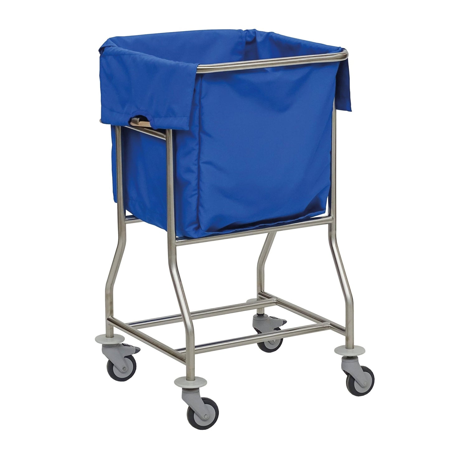 Novocal Fresh Laundry Collector, avbildad tom mot en enfärgad bakgrund, har en blå tygpåse, en stabil rostfri stålram med helsvetsade fogar och fyra svänghjul - idealisk för förvaring av tvätt.