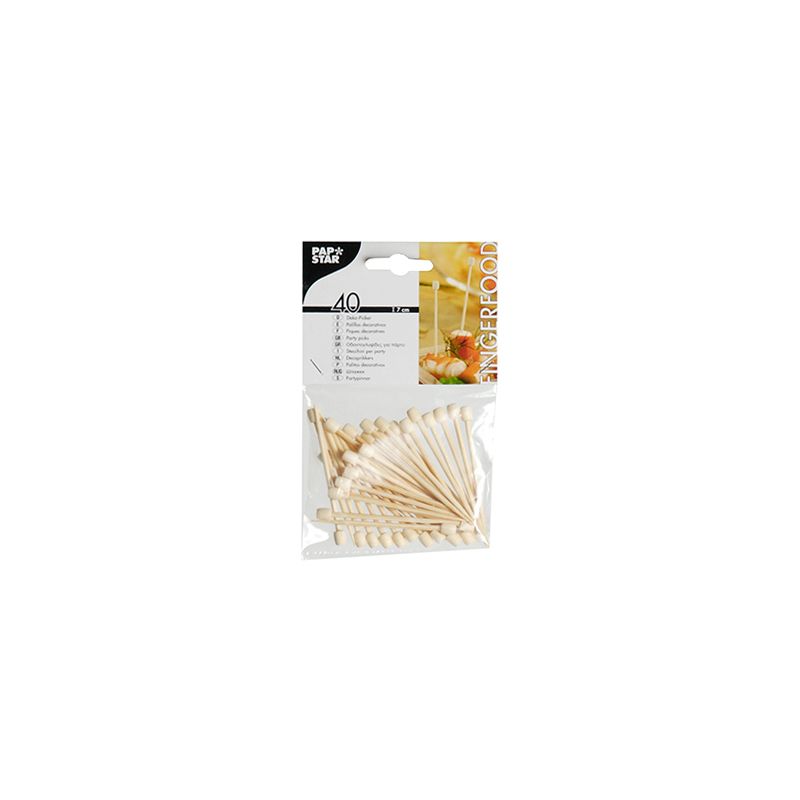 Ett set med 40 PAPSTAR Fingerfoodspett, alla 7 cm långa och med olika motiv, presenteras av PAPSTAR GmbH är vackert förpackat i en genomskinlig plastpåse med en kartongetikett. Spettena är konstfullt utplacerade i ett fächerformat, och etiketten är prydd med text och dekorativa fingerfood-motiv.