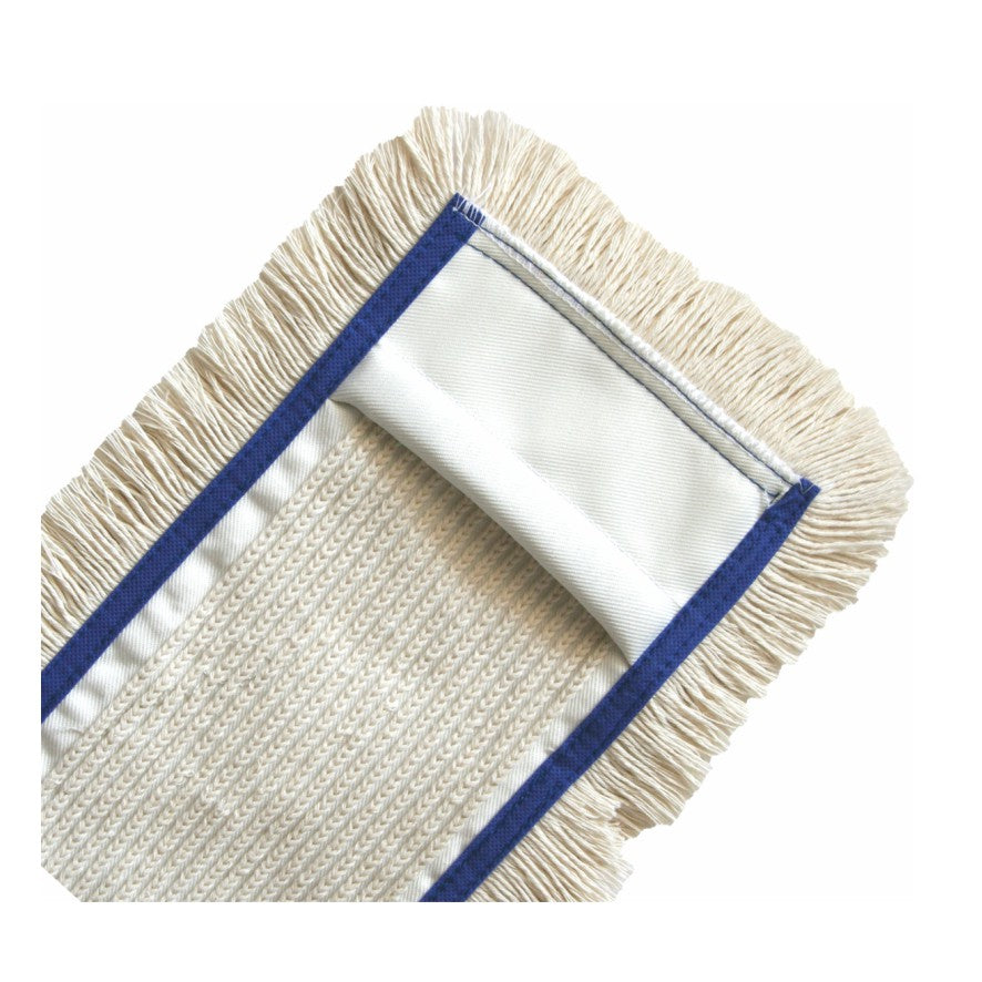 Eine Nahaufnahme des Arcora First Mopp Blau der Arcora International GmbH - ein rechteckiger Moppkopf mit beigen Fransen, strukturierter Reinigungsfläche und blauem Rand - ideal für die Unterhaltsreinigung diverser Bodenbeläge auf weißem Untergrund.