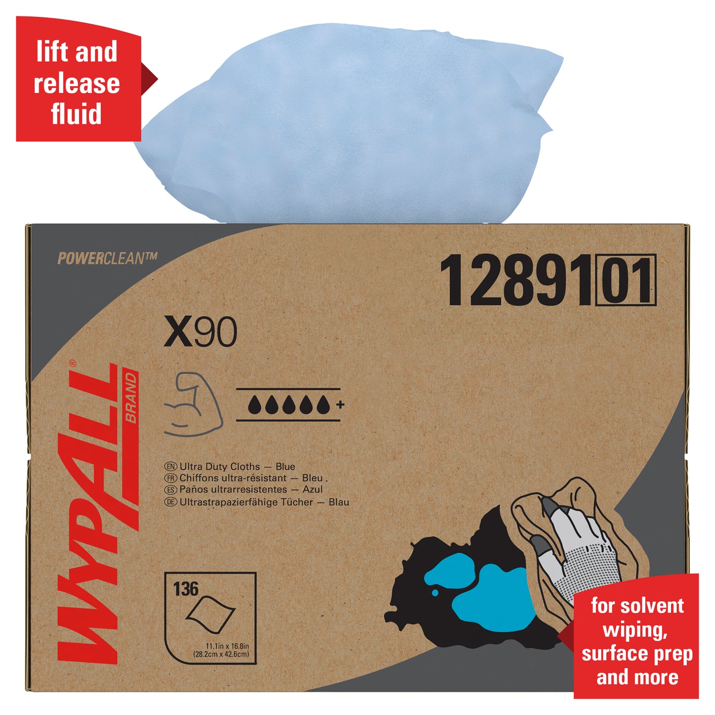 En blå WypAll® X90 PowerClean-trasa distribueras från den bruna BRAG™ Box från Kimberly-Clark GmbH. Boxen innehåller 136 ultratorra dukar för rengöringslösning, torkning med lösningsmedel och ytförberedelse; röda banderoller framhäver funktionerna.