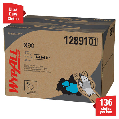 En blå BRAG™ Box med WypAll® X90 PowerClean Ultra Duty Cloths från Kimberly-Clark GmbH, produktnummer 12891, innehåller 136 ark per box. På förpackningen finns en handtork och etiketten "Blå - 1 Brag Box x 136 Sheets.