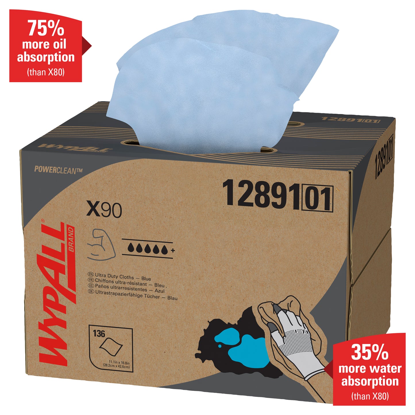 WypAll® X90 PowerClean - BRAG™ Box/Blå (1 Box x 136 ark) från Kimberly-Clark GmbH absorberar 75 % mer olja och 35 % mer vatten än X80 - din bästa lösning för kraftig smuts.