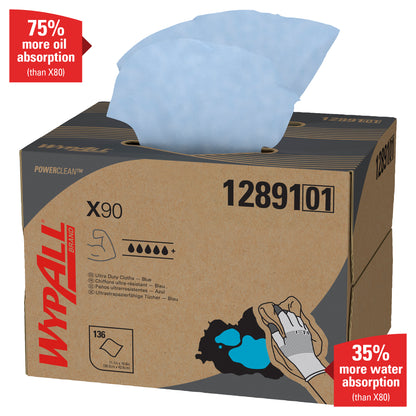 WypAll® X90 PowerClean - BRAG™ Box/Blå (1 Box x 136 ark) från Kimberly-Clark GmbH absorberar 75 % mer olja och 35 % mer vatten än X80 - din bästa lösning för kraftig smuts.