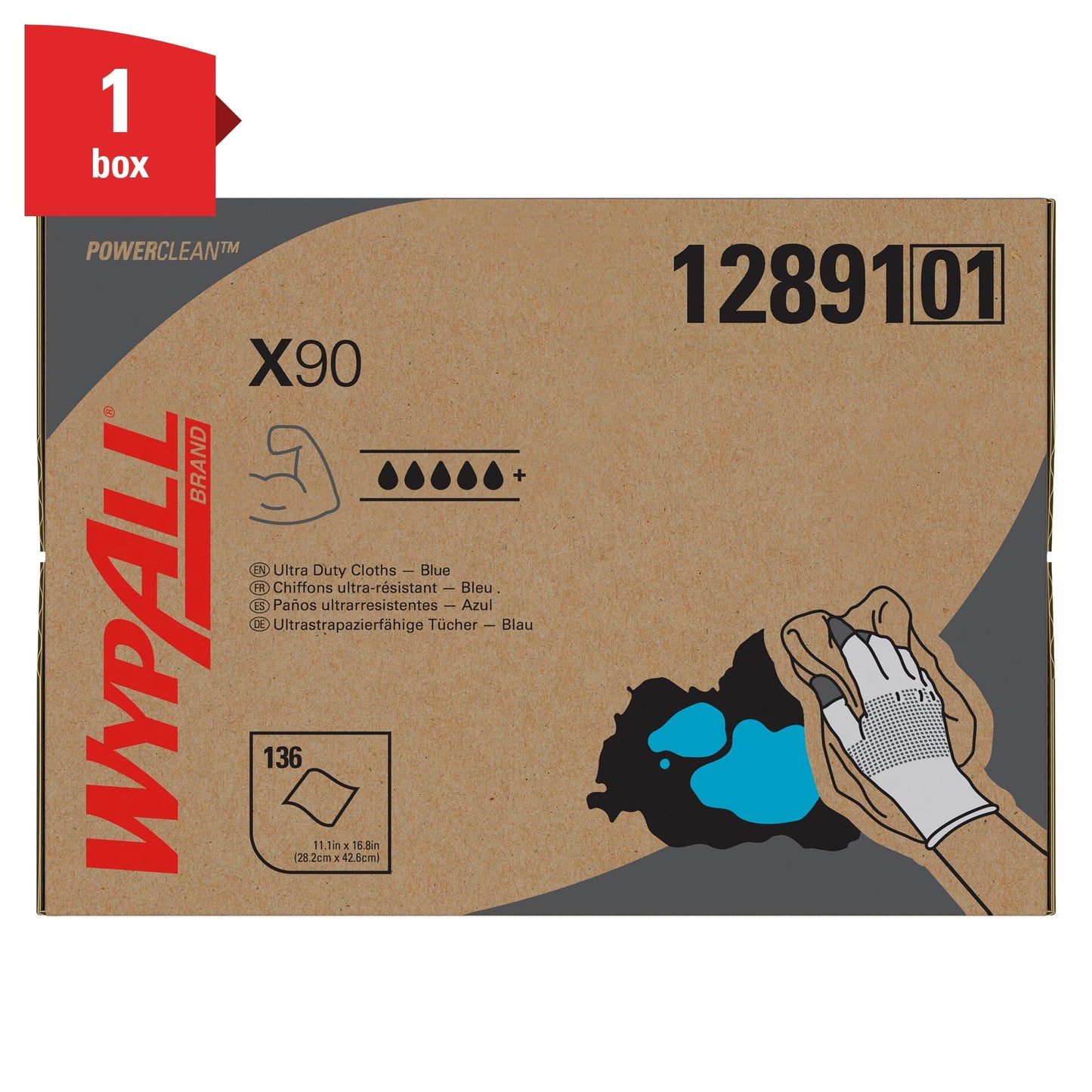 En WypAll® X90 PowerClean BRAG™ Box från Kimberly-Clark GmbH innehåller 136 blå, extremt hållbara dukar med torkgrafik, produktinformation och en röd "1 Box"-etikett i det övre vänstra hörnet av kartongförpackningen.