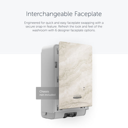 Avbildad är en Kimberly-Clark Professional™ Icon™ Dispenser Faceplate i eSkinCare (20,32x27,30x3,81 cm) från Kimberly-Clark GmbH, idealisk för badrum; locket är lätt att byta ut. Dispenserchassi ingår ej.