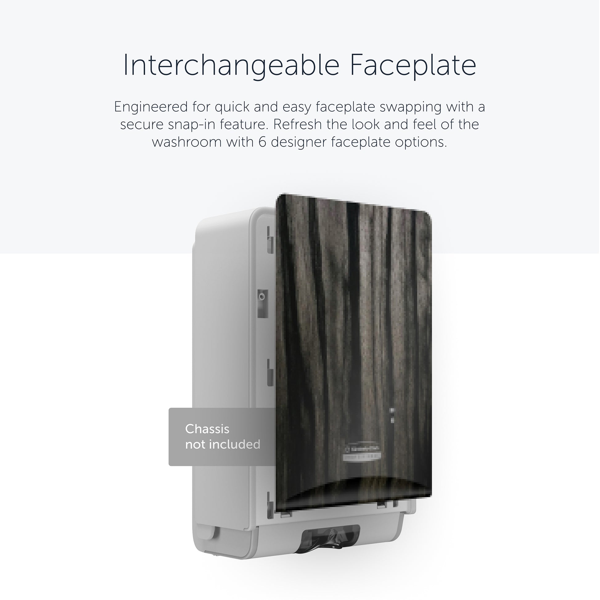 Abgebildet ist ein Kimberly-Clark Professional™ Icon™ Dispenser Faceplate (eSkinCare, 20,32 cm x 27,30 cm x 3,81 cm) von Kimberly-Clark GmbH mit dunkler Holzmaserung. Auf dem Etikett steht "Chassis nicht enthalten". Schnelle Faceplate-Wechsel ermöglichen eine einfache Anpassung der Toilette.