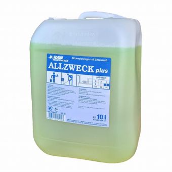 En 10L genomskinlig behållare av Abena Re-Seller GmbH GastroPower Allrengöringsmedel, färglös och luktfri, med inbyggt handtag. Den tyska etiketten visar "ALLZWECK plus" och användningsinstruktioner - idealisk för rengöringsbehov inom gastronomi.