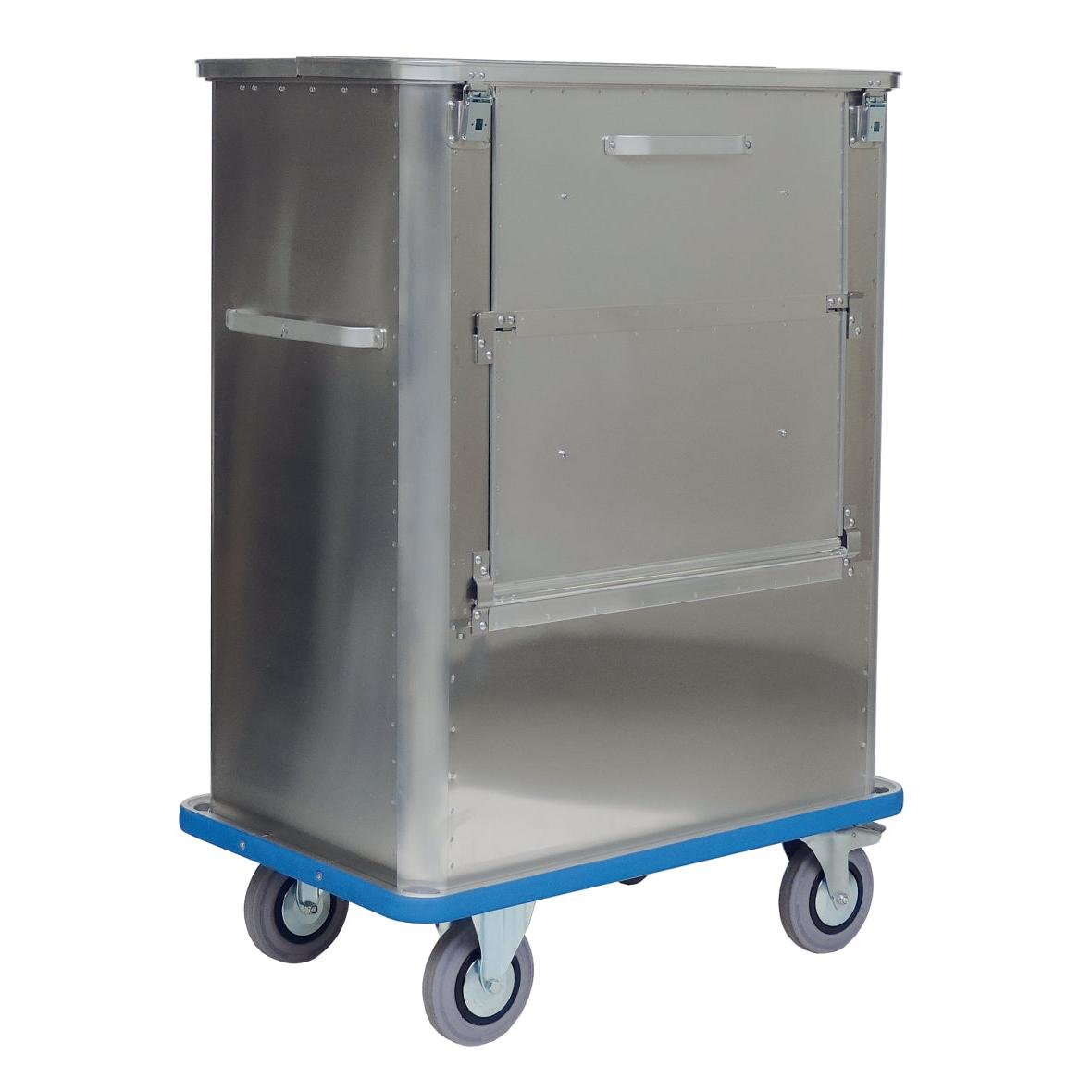 Novocal transportbehållaren från aluminium med fällbar framsida, gångjärnslock och handtag erbjuder säker varutransport inom industri eller medicin; den robusta vagnen har fyra svängbara hjul och en blå botten. Förpackning: 1 styck.