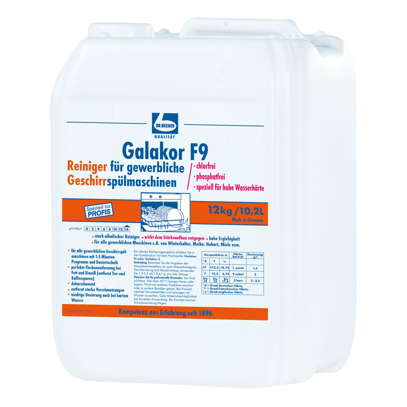 En vit 12 kg plastbehållare från Dr. Becher GmbH med texten "Dr. Becher Galakor F9 Diskmedel", där produktinformation och instruktioner på tyska för kommersiella diskmaskiner är tryckta på framsidan.