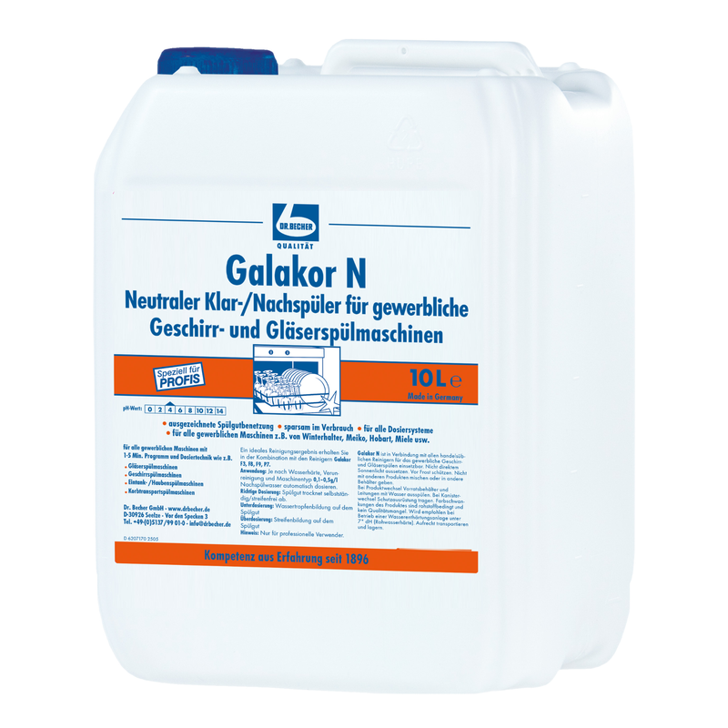 Ein 10-Liter-Kanister aus weißem Kunststoff mit Dr. Becher Galakor N Klar-/Nachspüler für gewerbliche Geschirr- und Gläserspülmaschinen. Das Etikett in deutscher Sprache mit blauer und oranger Schrift enthält Anwendungshinweise und Produktinformationen. Marke: Dr. Becher GmbH.