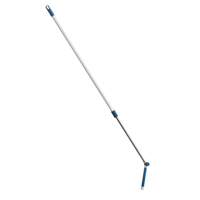 Den TELESKOPSTÅNG, STÅLRÖR VIT MED VINKELLED, UTD. 2000MM från Haug Bürsten KG är ett långskaftat rengöringsverktyg med justerbart stålskaft och vinklat led - perfekt för att nå och rengöra trånga eller svåråtkomliga platser.