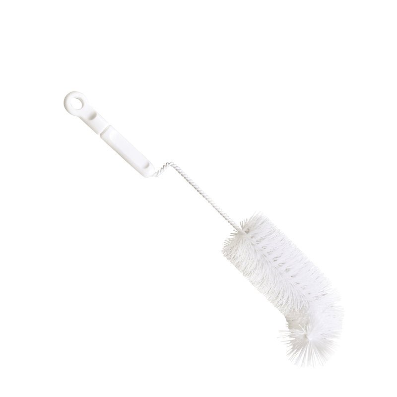 Den Haug Bürsten KG BABYFLASKBORSTE, NYLON 6.0 VIT, ø0,35mm mjuk, 310xø50mm har ett vitt mjukt nylonborsthuvud med vriden metallstång och plasthandtag med upphängningshål - idealisk för enkel rengöring av nappflaskor.