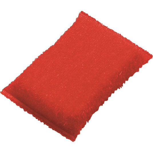 Den Haug Bürsten KG SLIPSVAMP, LITTEN, PP, HÅRD (130x85x30 mm) är en röd, rektangulär kökssvamp med strukturerad skrubbyta, tillverkad av polypropen för effektiv rengöring. Lätt rundade kanter; oanvänd; på försäljningskort.