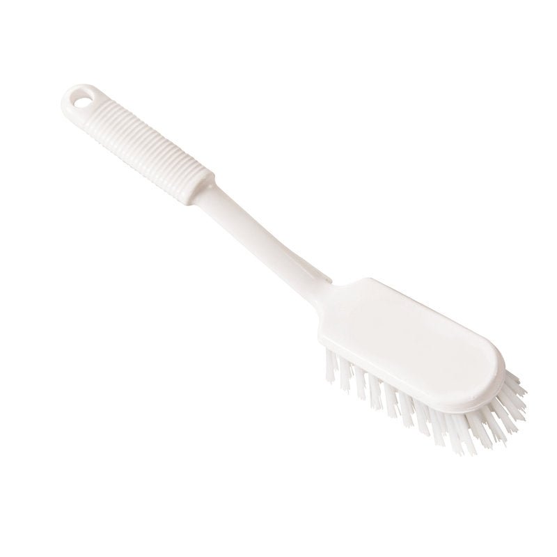 Den Haug Bürsten KG STIELSCHEUERBÜRSTE med transparenta, styva PBT-borst (ø 0,50mm), 290x45x24mm, har ett strukturerat handtag med upphängningshål och ovalt huvud. Fotograferad på enfärgad vit bakgrund.