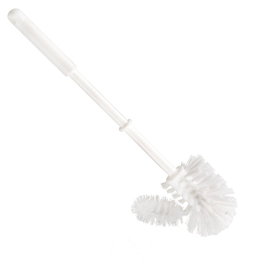 Die Haug Bürsten KG WC-RANDREINIGERBÜRSTE,KLEIN hat steife 0,35mm Borsten, einen abgewinkelten Kopf und einen langen weißen PP-Stiel (365xø75mm), der isoliert auf weißem Hintergrund abgebildet ist.