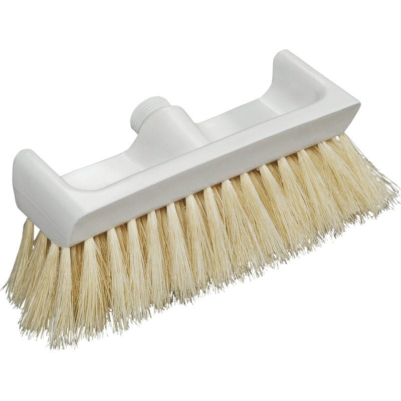 Den UGNSBORSTEN MED SKRAPKANT NATURFIBER, 270X100X65MM från Haug Bürsten KG är ett vitt plastskrubhuvud med styva naturfiberborst och en gängad borrning för skaftfäste.