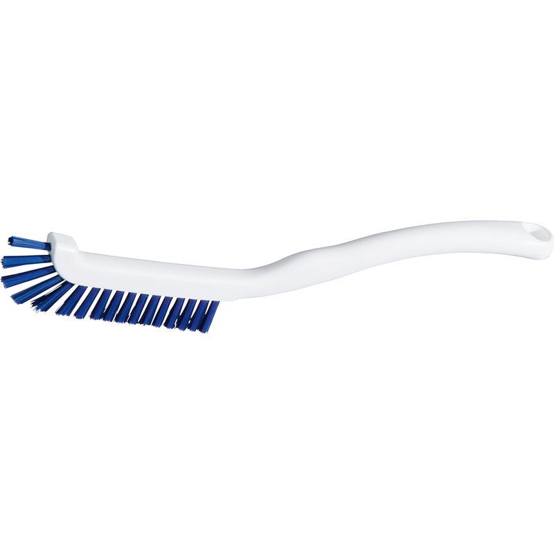 Die Haug Bürsten KG TASTATURBÜRSTE har mjuka blå PBT-borst (ø0,25 mm) och ett vitt, böjt handtag med upphängningshål; idealisk för att skrubba tangentbord. Mått: 220x15x19mm. Avbildad på vit bakgrund.