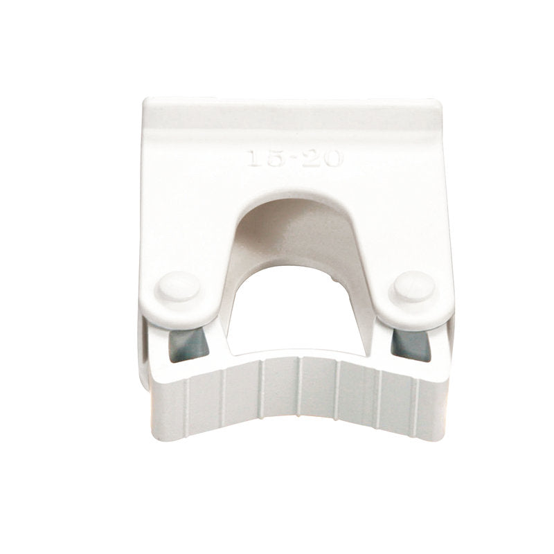 En vit plast ERSÄTTNINGS-HÅLLARE 15-20MM (60x35x73mm) från Haug Bürsten KG, för art. 8699; med rektangulär toppdel, böjd skärdel och "15-20" storleksmarkeringar, kompatibel med rör för enkel utbyte.