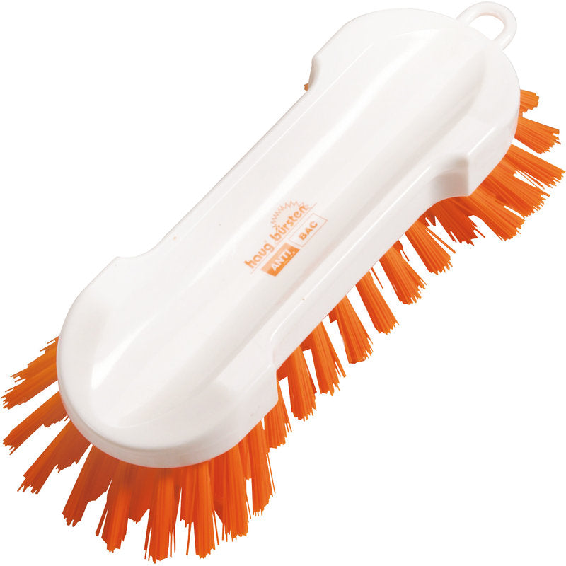 Die Haug Bürsten KG ANTI BAC WASCHBÜRSTE RUND PBT ORANGE, ø 0,50MM HART är en vit plast-rengöringsborste med styva orange borst på båda sidor, ett ergonomiskt böjt handtag och ett upphängningshål för enkel hantering.