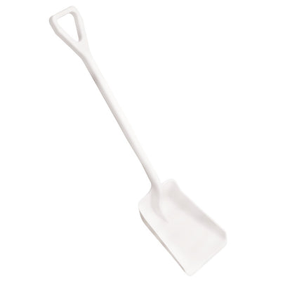 Die SCHAUFEL KLEIN, EINTEILIG, PP (355x255x1050mm) von Haug Bürsten KG ist eine weiße Polypropylen-Schaufel mit rechteckigem Blatt und D-förmigem Stiel, die auf einem schlichten weißen Hintergrund dargestellt ist.