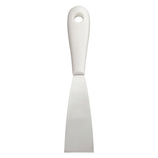 Den SPACHTEL MED PLASTHANDTAG, ROSTFRITT STÅL från Haug Bürsten KG imponerar med platt, rektangulärt rostfritt stålblad, solid vit plasthandtag och upphängningsögla - hållbar och mångsidig att använda.