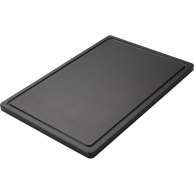 Das SCHNEIDEBRETT GROß von Haug Bürsten KG aus Polyethylen (600x400x20mm), rutschfest und mit umlaufender Saftrille, ist in rechteckiger Form auf weißem Hintergrund abgebildet.