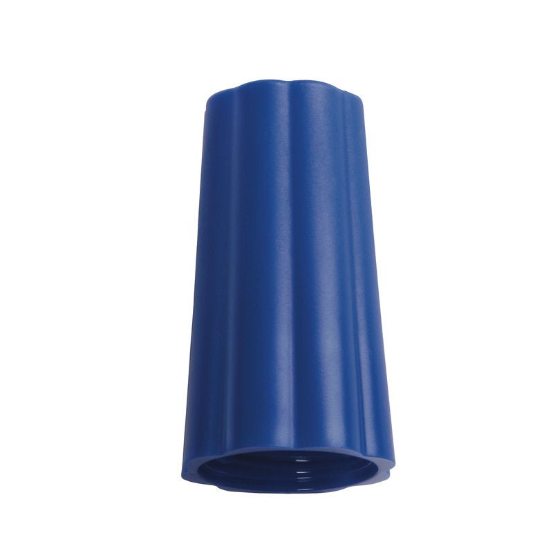 En blå plastkoppling med en räfflad, konisk form och en ihålig botten, liknande den Haug Bürsten KG ÖVERDRAGSMUTTER UTSIDA-ø 25MM BLÅ(BENETTON) 74Xø 42MM.