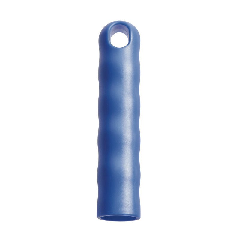 Den BLÅ UPPHÄNGNINGSKAPPEN FÖR ALLA SKAFT MED YTTERDIAMETER 21MM, 125xØ21mm, från Haug Bürsten KG är ett räfflat plastgrepp med upphängningskappa, perfekt för verktygsförvaring, avbildat på vit bakgrund.