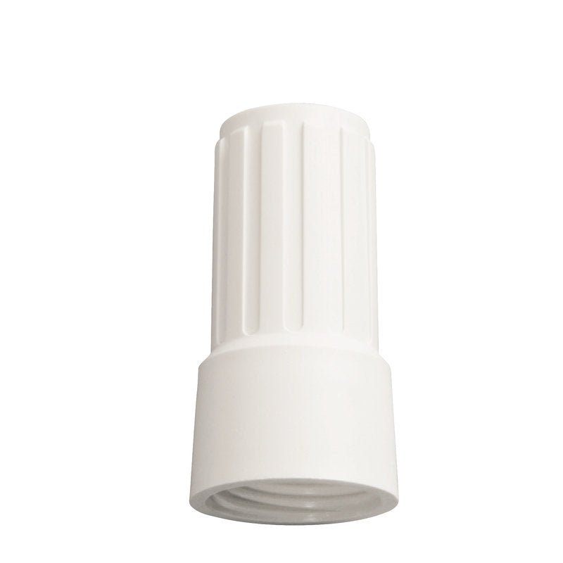 Den ÜBERWURFMUTTER FÖR ADAPTER E1100019 från Haug Bürsten KG är en vit plastkontakt med vertikala räfflor, som står upprätt på en enkel vit bakgrund, idealisk för att skapa en robust anslutning.