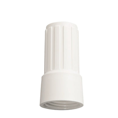 Den ÜBERWURFMUTTER FÖR ADAPTER E1100019 från Haug Bürsten KG är en vit plastkontakt med vertikala räfflor, som står upprätt på en enkel vit bakgrund, idealisk för att skapa en robust anslutning.