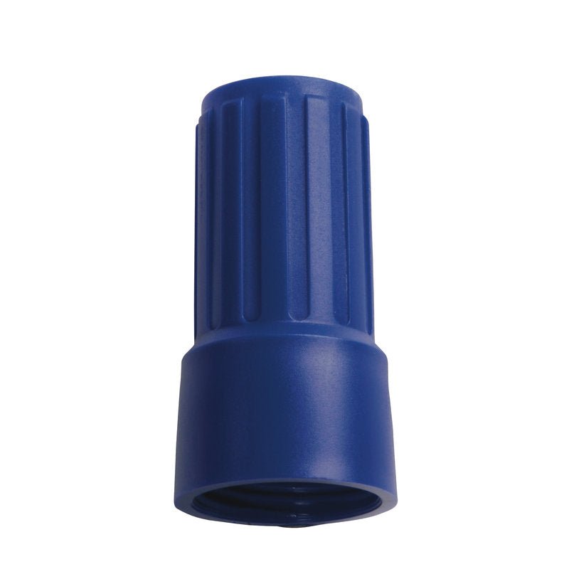 Blå plastkontakt med räfflad ovansida och slät undersida för att vrida elektriska ledningar, kompatibel med ÜBERWURFMUTTER FÖR ADAPTER E1100019 från Haug Bürsten KG för säkra anslutningar.
