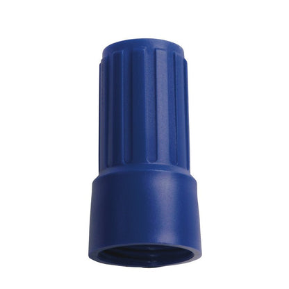 Blå plastkontakt med räfflad ovansida och slät undersida för att vrida elektriska ledningar, kompatibel med ÜBERWURFMUTTER FÖR ADAPTER E1100019 från Haug Bürsten KG för säkra anslutningar.